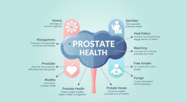 Ilustrasi diagram edukatif tentang kanker prostat dengan warna biru dan hijau, serta elemen diagram yang intuitif.