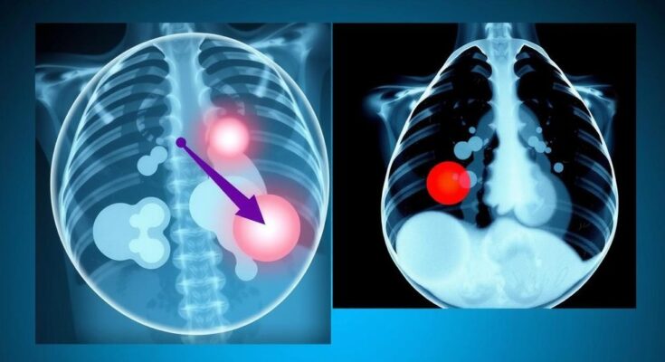 Ritrai mammogram yang menunjukkan kontras warna untuk mendeteksi benjolan di jaringan payudara padat.