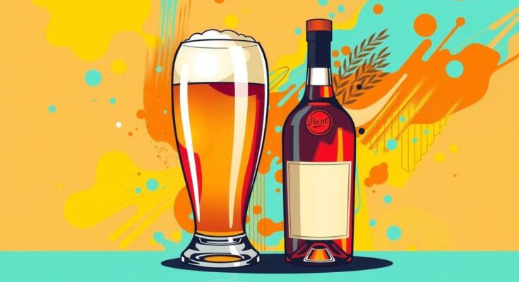 Ilustrasi gelas bir dan minuman keras berwarna cerah dengan latar belakang abstrak.