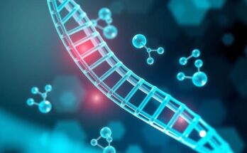 Representasi gulungan DNA dan obat dalam desain modern dengan warna biru dan hijau.