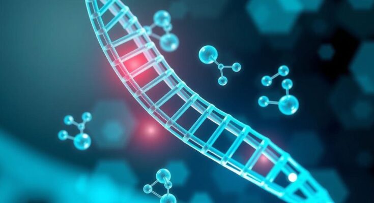 Representasi gulungan DNA dan obat dalam desain modern dengan warna biru dan hijau.