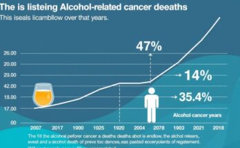 Diagram showing increasing alcohol-related cancer deaths in the US, focusing on statistics and trends over time.