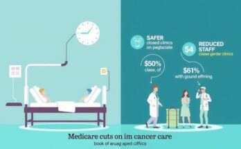 Grafis representasi dampak pemotongan Medicare pada perawatan kanker dengan palet warna yang sejuk dan detail ilustrasi.