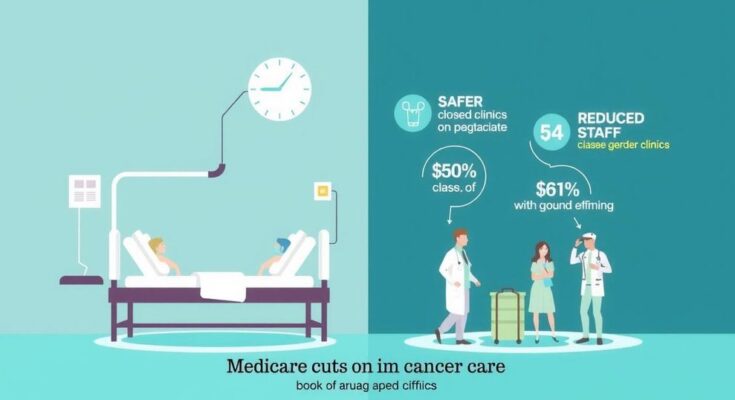 Grafis representasi dampak pemotongan Medicare pada perawatan kanker dengan palet warna yang sejuk dan detail ilustrasi.