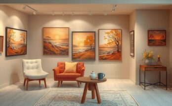 Pameran seni di institute dengan karya yang menggambarkan pentingnya rumah dalam palet warna hangat.
