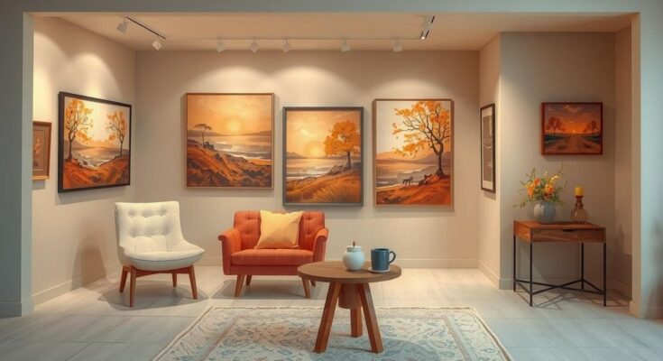 Pameran seni di institute dengan karya yang menggambarkan pentingnya rumah dalam palet warna hangat.