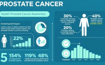 Gambar infografis tentang kanker prostat dengan grafik dan diagram, berwarna biru dan hijau yang menenangkan.