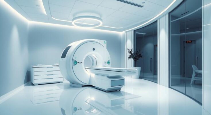 Gambar Halcyon Linear Accelerator di CebuDoc dengan latar belakang modern dan nuansa warna biru dan putih.