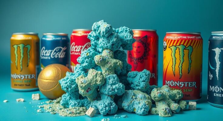 Gambaran taurine alami dalam bentuk pigmen hijau dan biru, dikelilingi oleh minuman energi berwarna cerah.