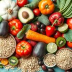 Gambar makanan tinggi serat sehat seperti sayuran, buah-buahan, dan biji-bijian yang segar dan berwarna.