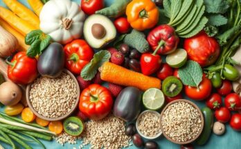 Gambar makanan tinggi serat sehat seperti sayuran, buah-buahan, dan biji-bijian yang segar dan berwarna.