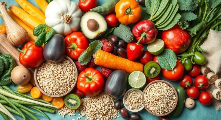 Gambar makanan tinggi serat sehat seperti sayuran, buah-buahan, dan biji-bijian yang segar dan berwarna.
