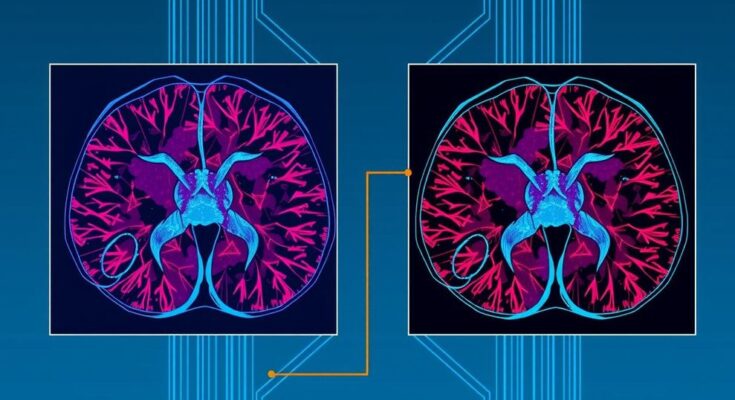 Diagram showing advanced algorithms and AI analyzing prostate tumor biopsy images with a calm blue color scheme.