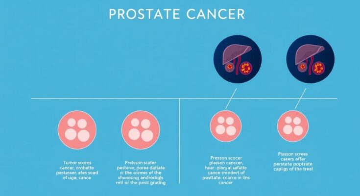 Diagram showing Gleason score stages and prostate cancer progression with anatomical illustrations in calming blue tones.