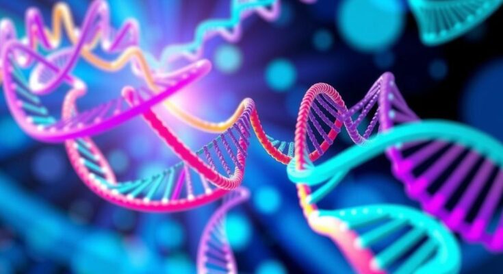Diagram showing genomic analysis of blood cancer risk assessment in vibrant colors and modern style.