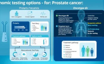 Diagram showing genomic testing options like Prolaris and Oncotype DX in a medical setting for prostate cancer.