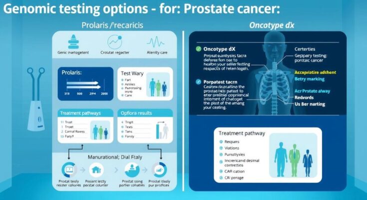 Diagram showing genomic testing options like Prolaris and Oncotype DX in a medical setting for prostate cancer.