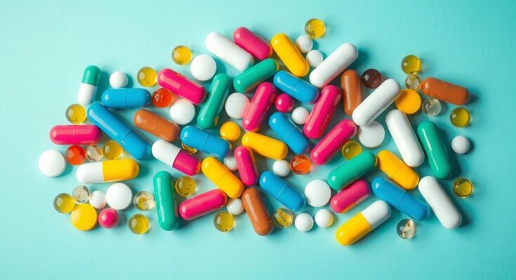 Illustration showing a variety of capsules and medications on a vibrant background, emphasizing health and wellness.
