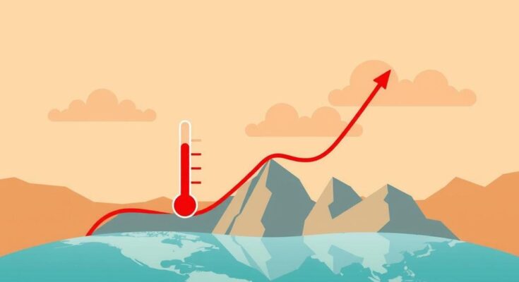 Ilustrasi grafik suhu global dan risiko kesehatan terkait, menunjukkan dampak perubahan iklim pada kesehatan perempuan.