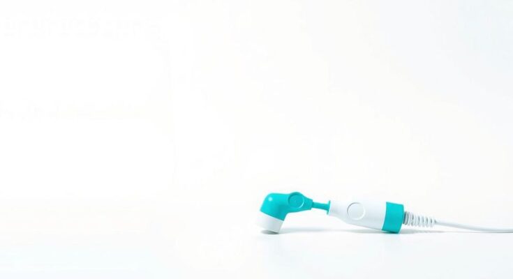 Perangkat Teal Wand untuk deteksi kanker serviks di rumah, berwarna teal dan putih.