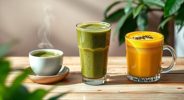 Illustration of three healthy drinks promoting wellness: green tea, green smoothie, and turmeric latte in vibrant colors.