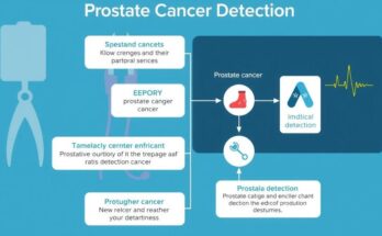 Ilustrasi diagram alur proses deteksi kanker prostat dengan alat medis di latar belakang biru.