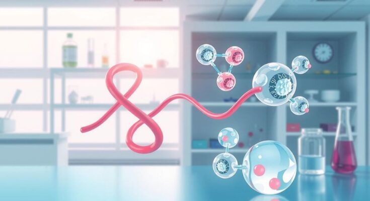 Latar belakang medis yang ilustratif menampilkan senyawa biospesifik dan berbagai obat kemoterapi.