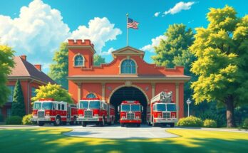 Lush green firehouse landscape with a sunny sky symbolizing camaraderie and support in the fire department.