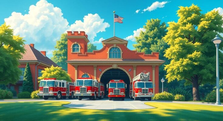 Lush green firehouse landscape with a sunny sky symbolizing camaraderie and support in the fire department.