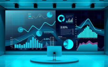 Ruang pertemuan virtual dengan latar belakang profesional dan teknologi, menampilkan diagram dan data.