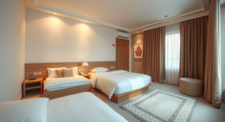 Kamar hotel sederhana dengan interior minimalis, nuansa warna hangat dan pencahayaan lembut, memberikan kesan nyaman.
