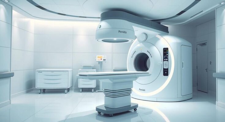 Mesin radioterapi modern yang mempercepat perawatan, di rumah sakit baru dengan atmosfer yang cerah dan bersih.