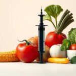 Siluet jarum suntik dan sayur sehat dalam latar belakang minimalis, berwarna lembut, melambangkan pilihan sehat.