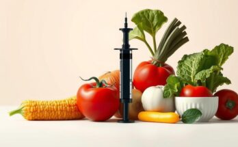 Siluet jarum suntik dan sayur sehat dalam latar belakang minimalis, berwarna lembut, melambangkan pilihan sehat.