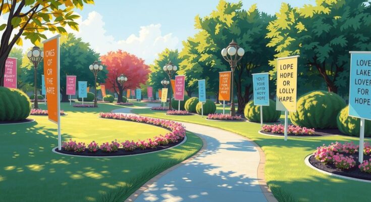 Gambar pemandangan indah dengan jalan setapak di taman, bendera warna-warni, dan tanda pengingat penuh semangat.