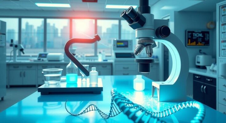 Ilustrasi penelitian teknologi canggih dengan fokus pada RNA untuk pengobatan yang inovatif.