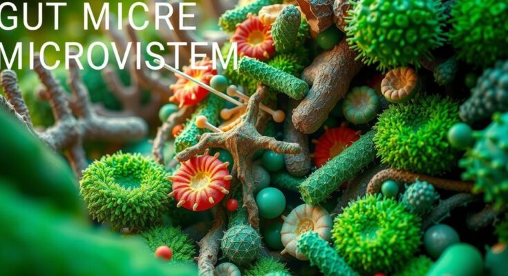 Ilustrasi ekosistem mikrobioma usus yang seimbang dengan flora bakteri beragam dan hijau segar.