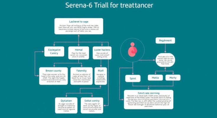 Ilustrasi diagram alir penelitian SERENA-6 untuk terapi kanker payudara.