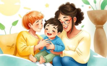 Ilustrasi dukungan emosional untuk keluarga di ruang perawatan anak dengan tema hangat dan lembut.