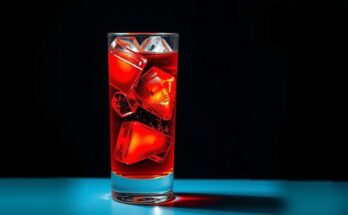 Gelas alkohol dengan latar belakang gelap dan objek seni, dengan warna cerah menonjol untuk menarik perhatian.