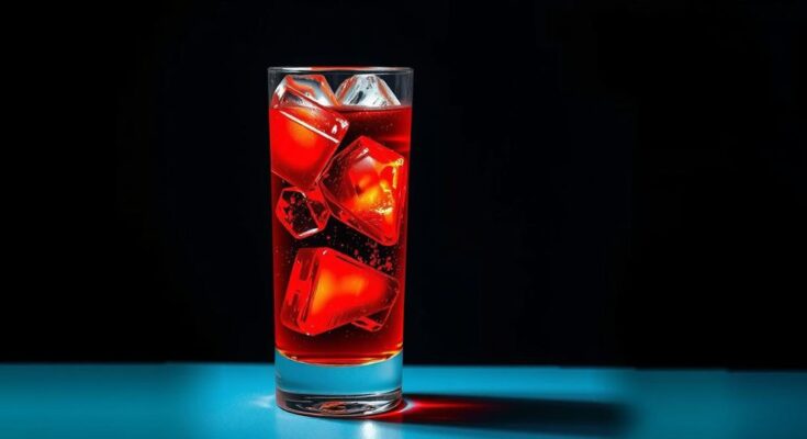 Gelas alkohol dengan latar belakang gelap dan objek seni, dengan warna cerah menonjol untuk menarik perhatian.
