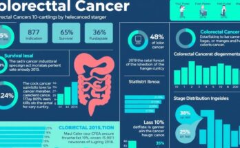 Ilustrasi statistik kanker kolorektal, grafik dan diagram dengan warna biru dan hijau.