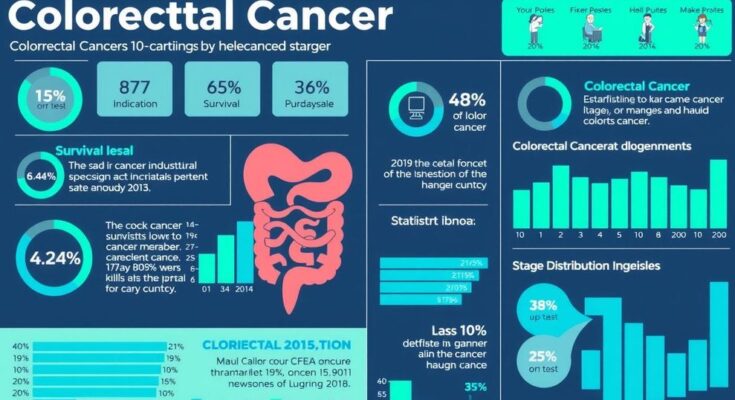 Ilustrasi statistik kanker kolorektal, grafik dan diagram dengan warna biru dan hijau.