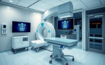 Gambar rancangan teknologi medis maju untuk pengobatan kanker, menampilkan peralatan imajing berteknologi tinggi.