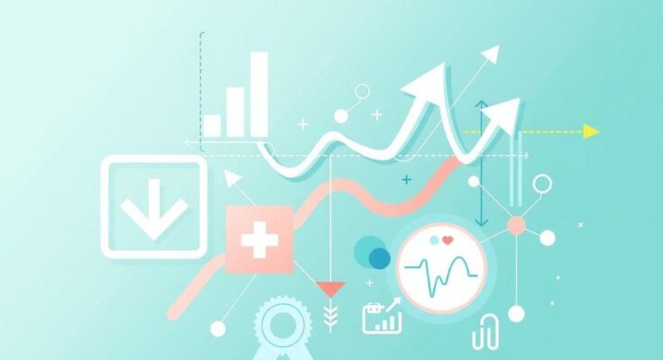 Trends in health data visualization with symbols representing younger adults and health awareness in soothing colors