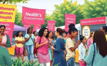 Kampanye kesadaran kesehatan perempuan dengan edukasi dan kegiatan komunitas di ruang terbuka.