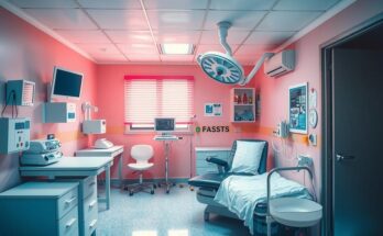 Ruang klinik sederhana dengan alat kesehatan, latar belakang warna cerah, menggambarkan akses kesehatan untuk wanita.
