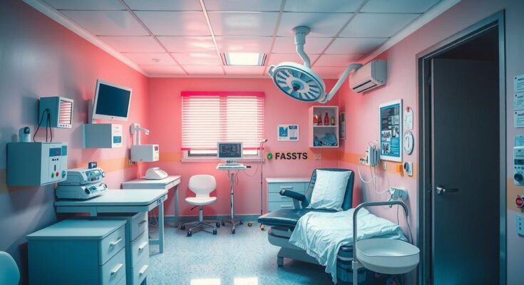 Ruang klinik sederhana dengan alat kesehatan, latar belakang warna cerah, menggambarkan akses kesehatan untuk wanita.