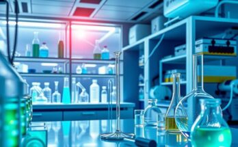 Kolaborasi bioteknologi dengan laboratorium modern dan bahan penelitian, berfokus pada inovasi terapi.
