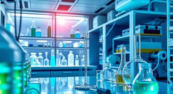 Kolaborasi bioteknologi dengan laboratorium modern dan bahan penelitian, berfokus pada inovasi terapi.